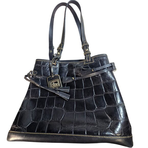 Dooney & Bourke Black Croc Embossed Leather Bag With Tassel Accents - Picture 1 of 16